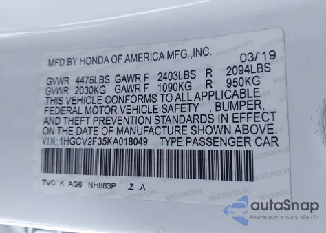 2019 Honda Accord Sport 2.0T from USA, damaged, VIN 1HGCV2F35KA018049